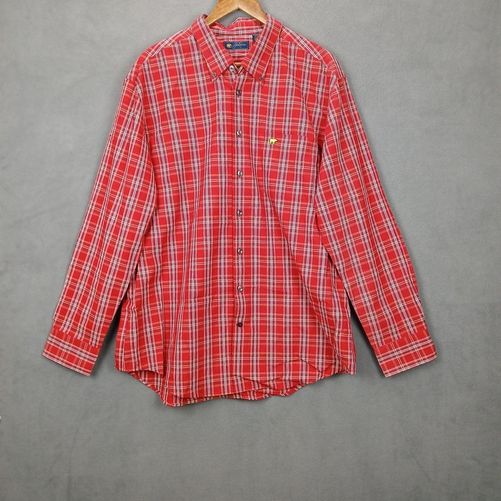 Jack‎ Nicklaus Shirt Mens 2XL Red Plaid Cotton Preppy Pleated Logo Button Down